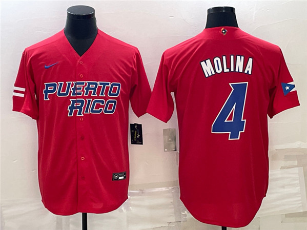 Men's Puerto Rico Baseball #4 Yadier Molina 2023 Red World Baseball Classic Stitched Jersey - Click Image to Close